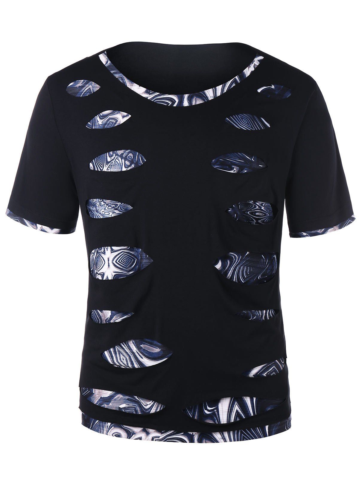 

Short Sleeve Trippy Print Ripped Tee, Black
