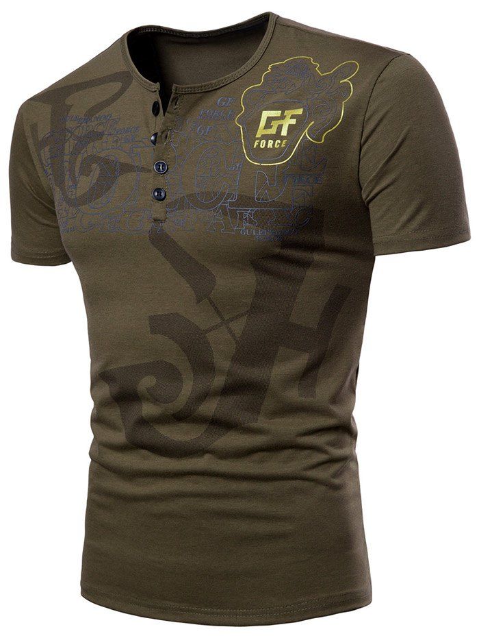 

Short Sleeve Graphic Print Henley T-shirt, Army green