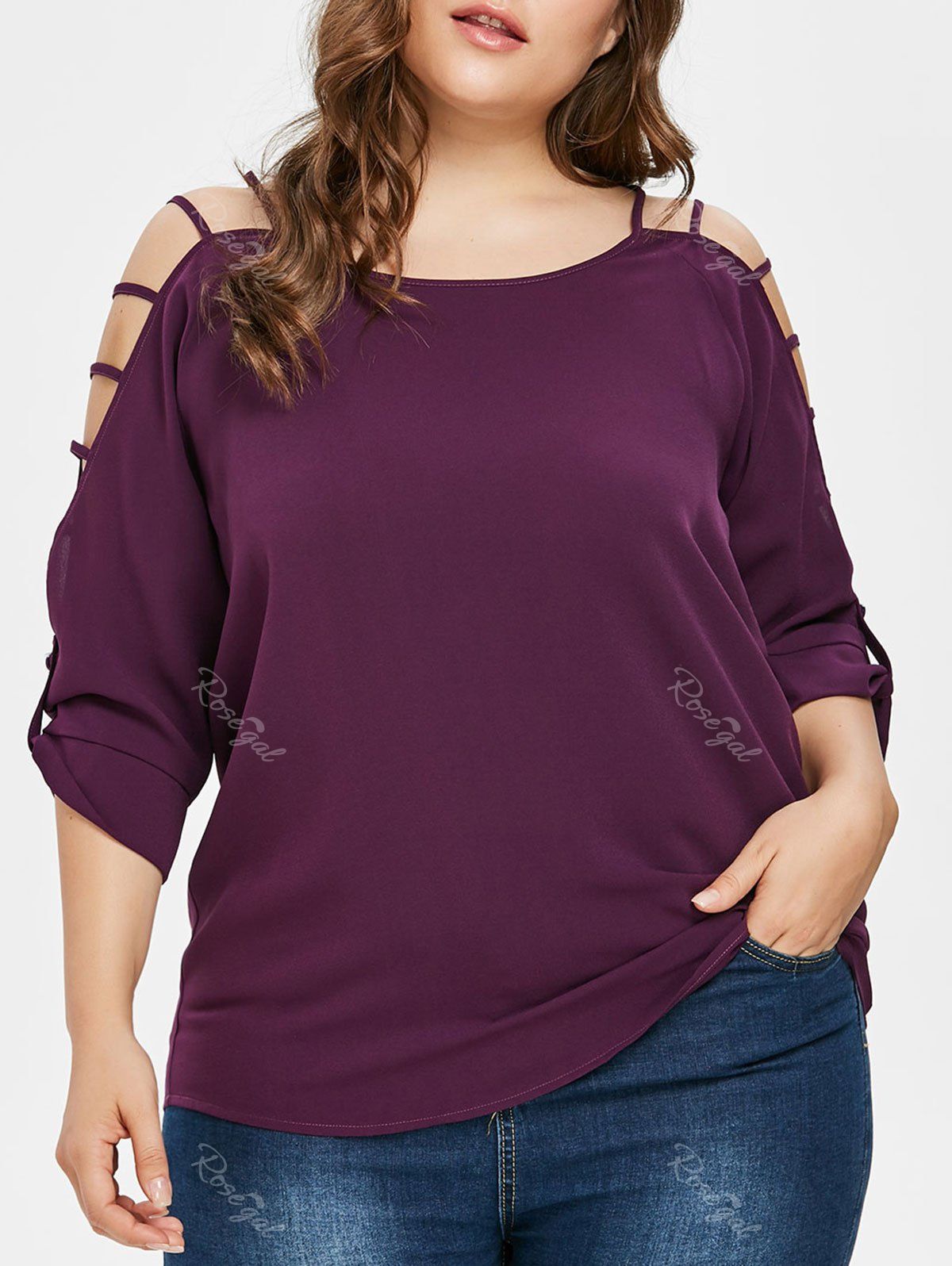 

Plus Size Ladder Cut Sleeve T-shirt, Purple