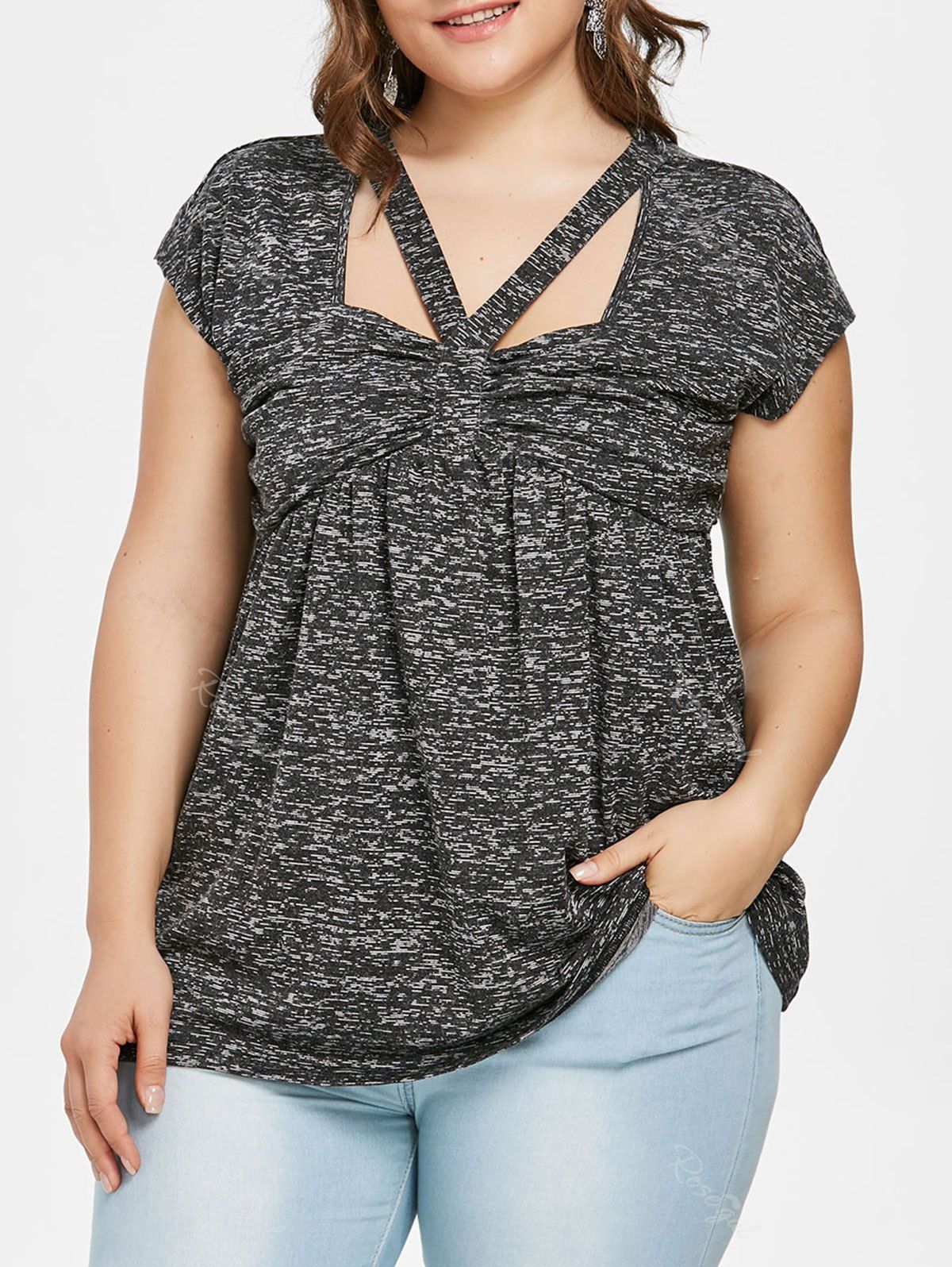 

Plus Size Cutout Marled Lace Trim T-shirt, Black