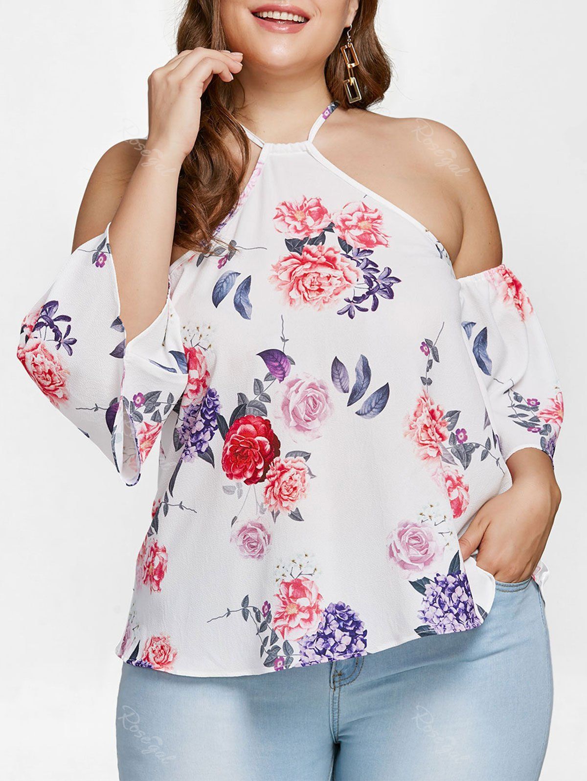 2019 flower crochet cold shoulder plus size t shirt