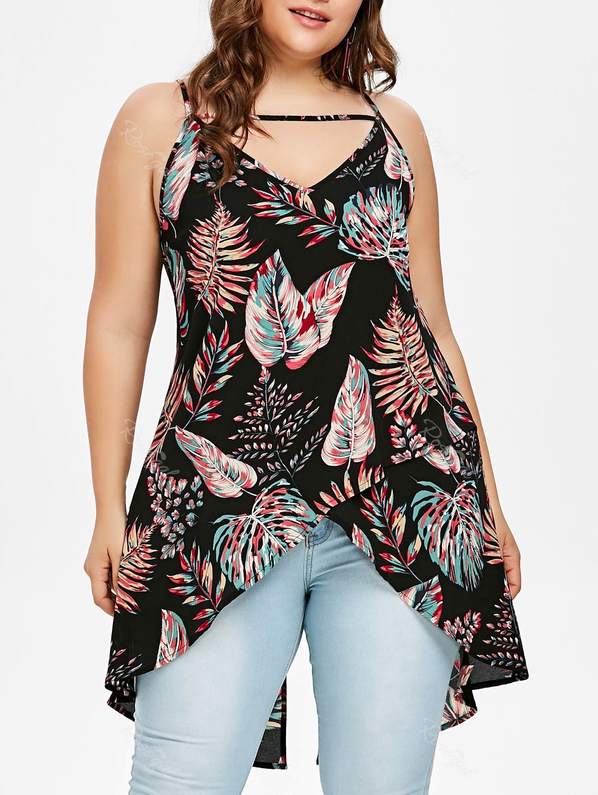 

Plus Size Tropical Leaf Flowy Tank Top, Black