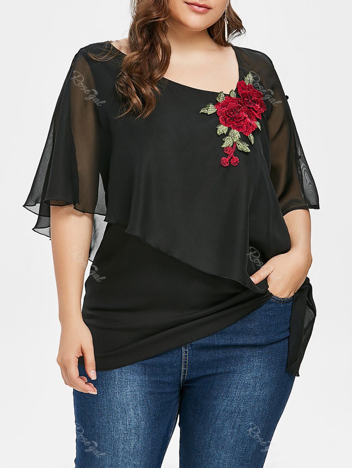 

Plus Size Skew Overlay Floral Appliqued T-shirt, Black