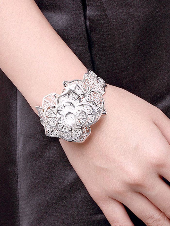 

Layered Metal Engraved Flower Cuff Bracelet, Silver