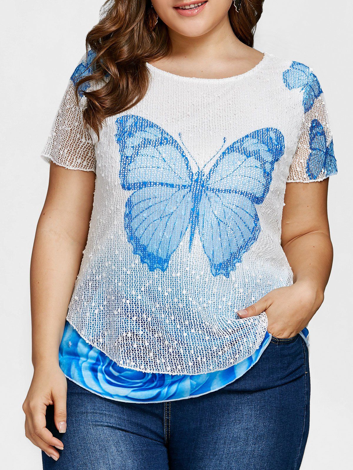 

Layered Butterfly Print Plus Size Casual Tee, Sky blue