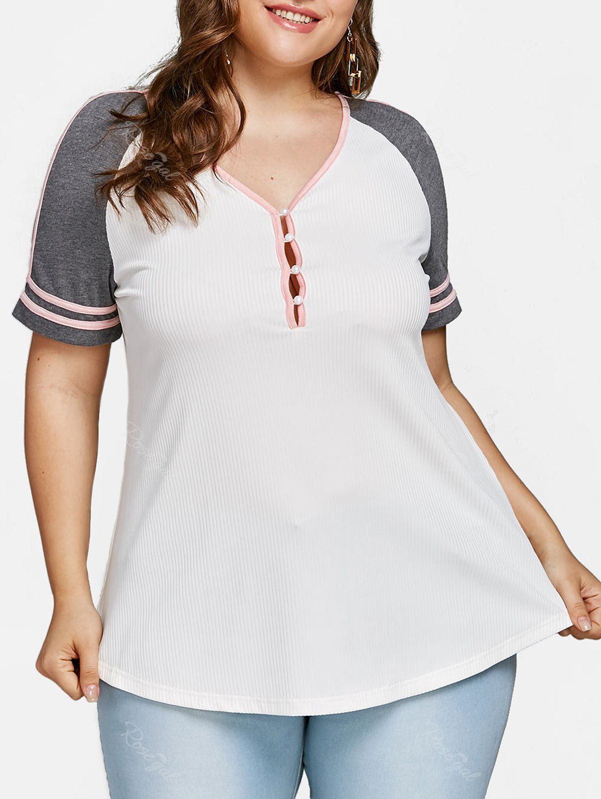 

Plus Size Lattice Cut T-shirt with Beading, Gray