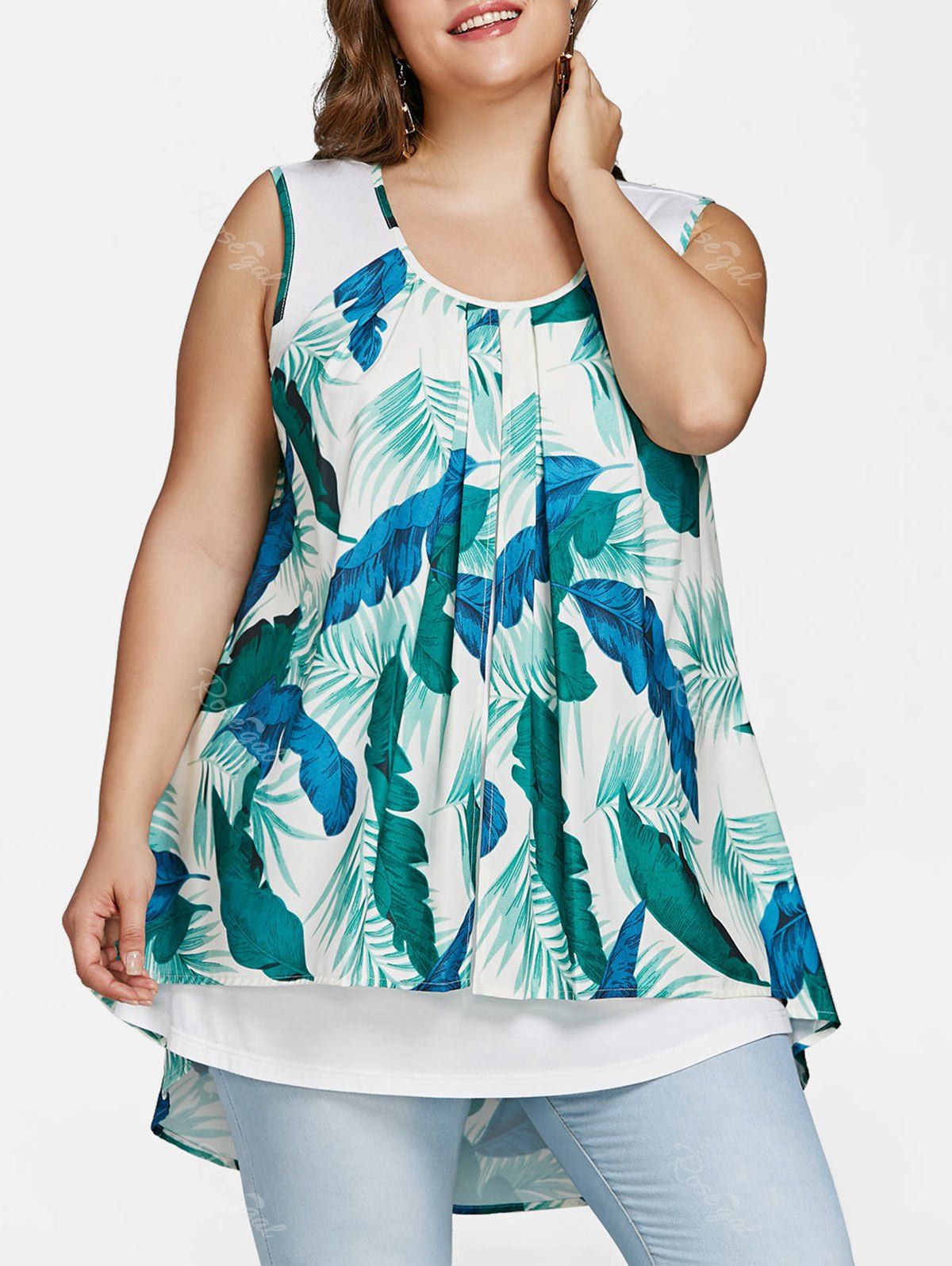 

Plus Size Tropical Print Dip Hem Tank Top, Green