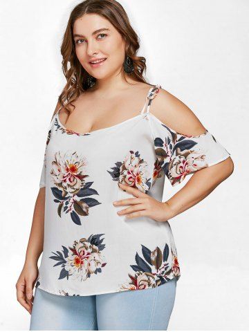 

Plus Size Printed Self-tie Cold Shoulder Top, White