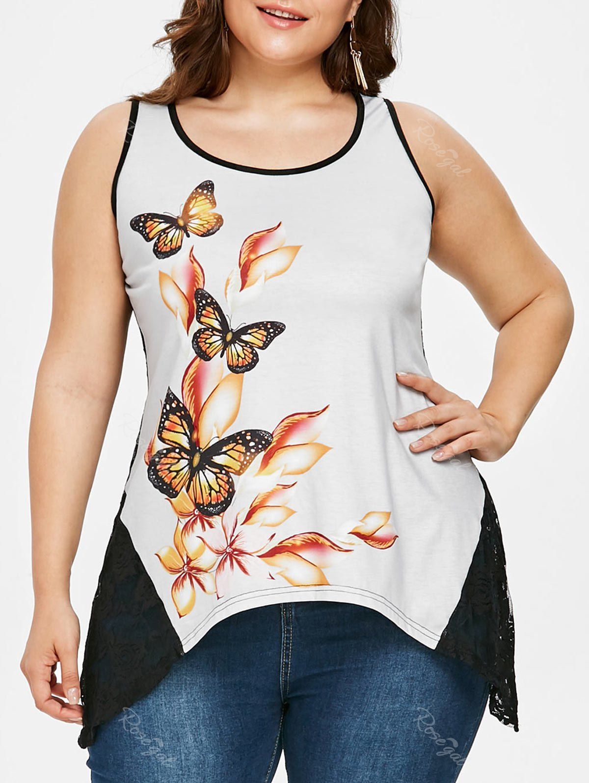 

Plus Size Butterfly Floral Lace Asymmetrical Tank Top, Light gray