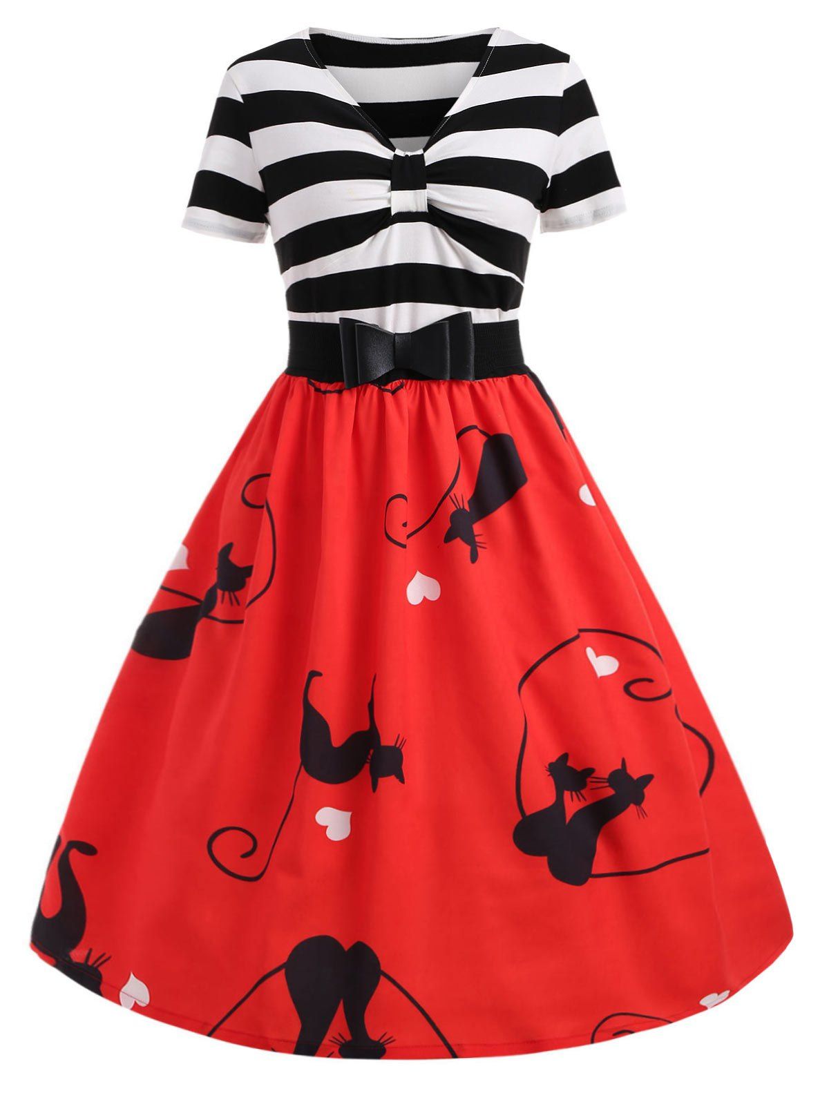 

Cats Print Midi Retro Dress with Belt, Fire engine red