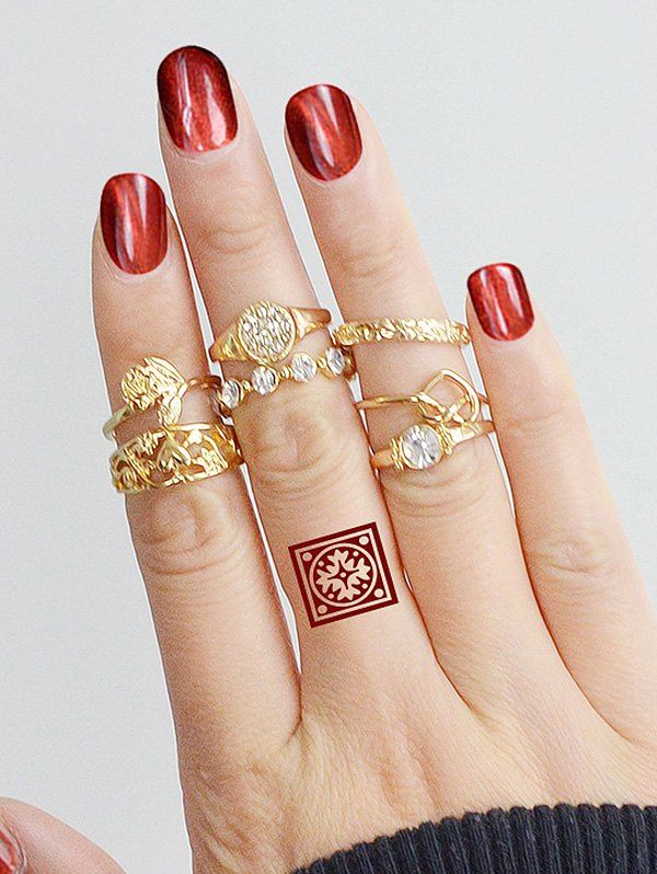 

Rhinestone Metal Engraved Flower Heart Finger Ring Set, Gold