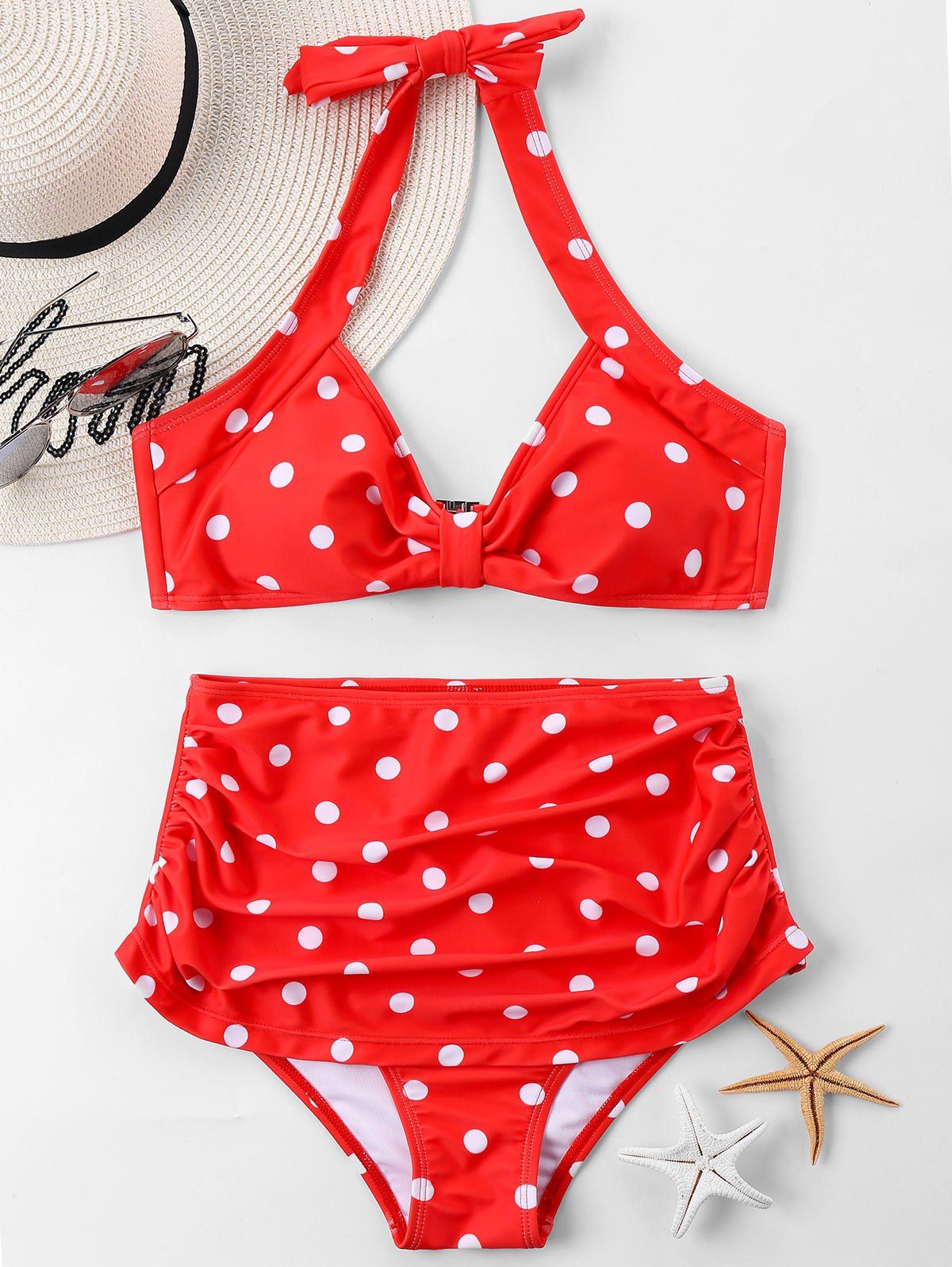 

Dot Print Halter Vintage Bikini Swimsuit, Red