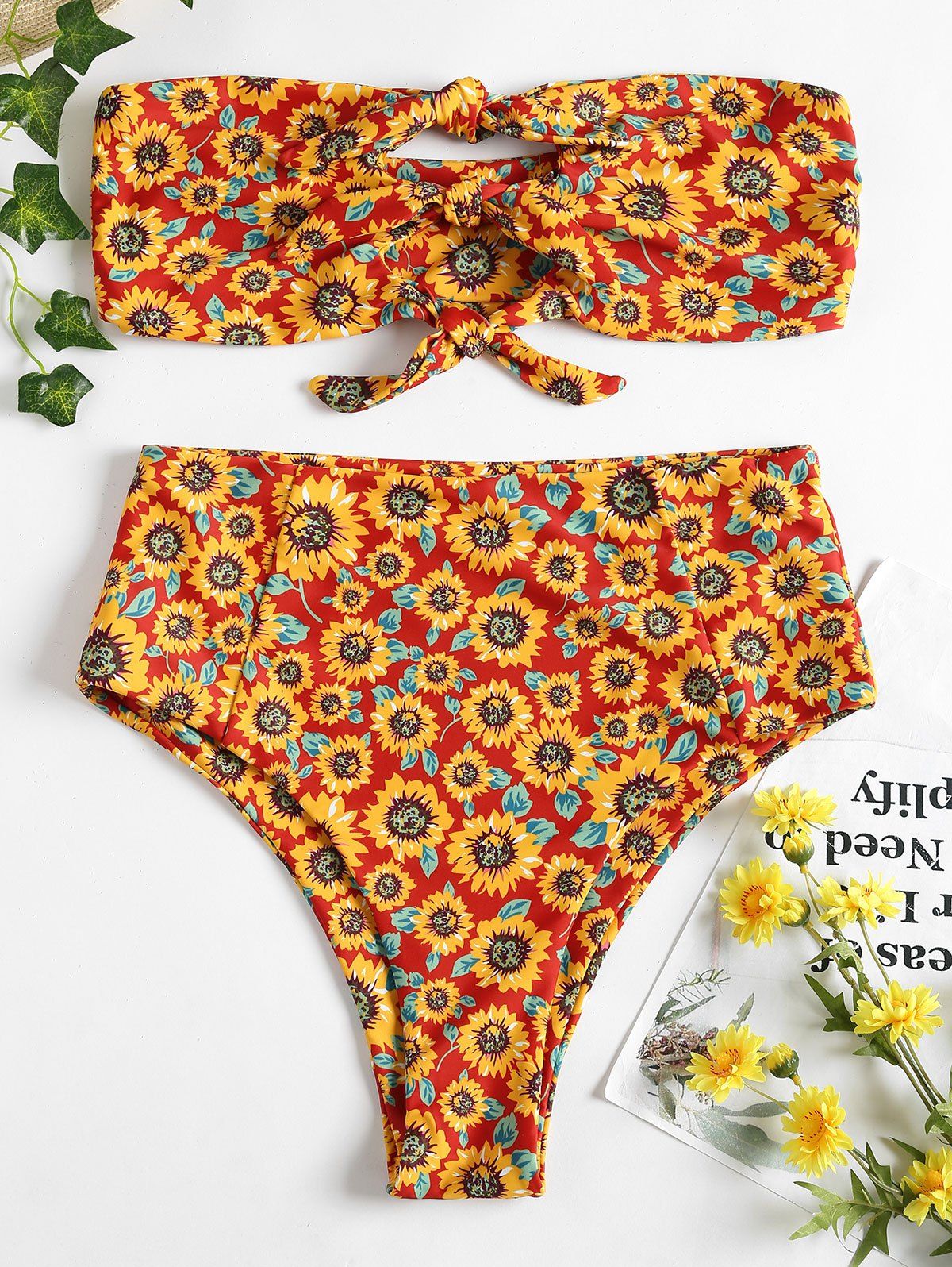 

Strapless High Rise Sunflower Swimsuit, Chestnut red
