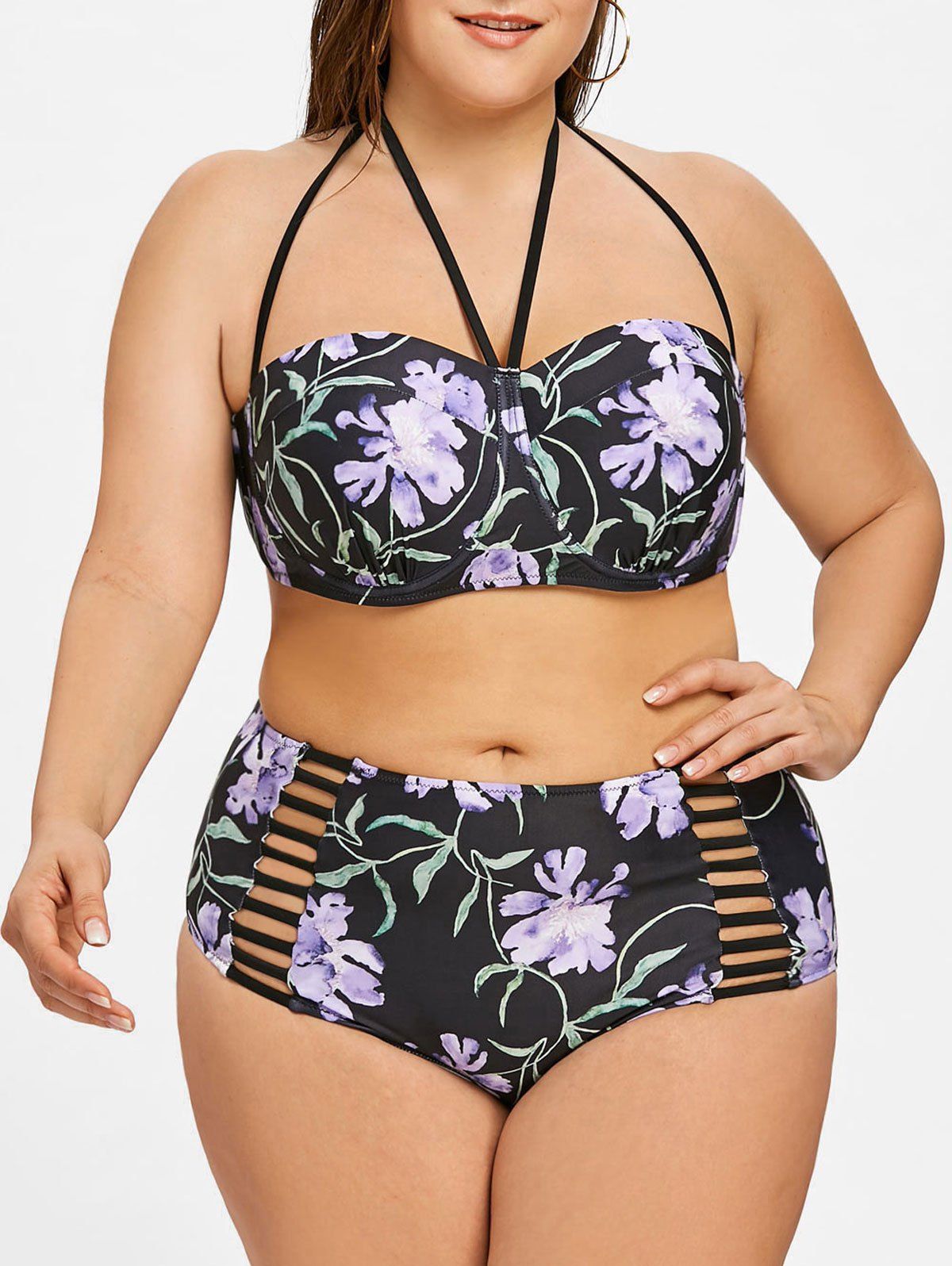 

Ladder Cutout Plus Size High Waist Underwire Bikini, Black