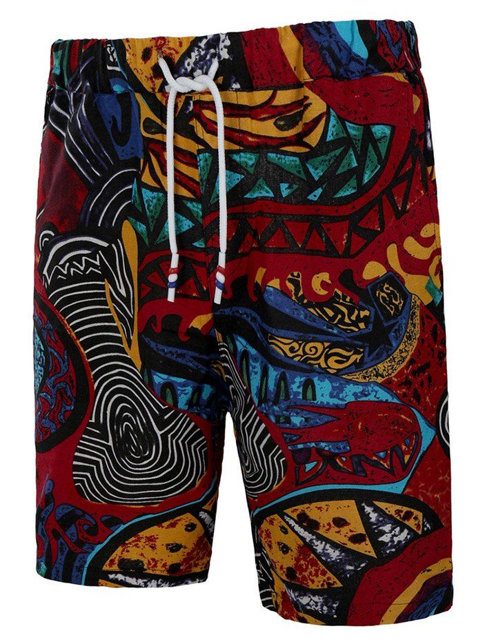 

Ethnic Abstract Print Pockets Beach Bermuda Shorts, Red