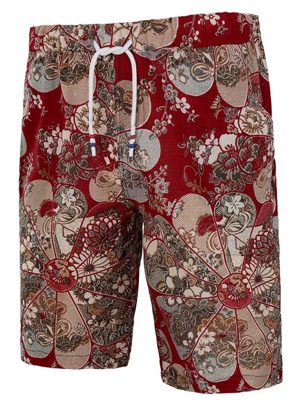 

Drawstring All Over Flower Print Ethnic Bermuda Shorts, Red
