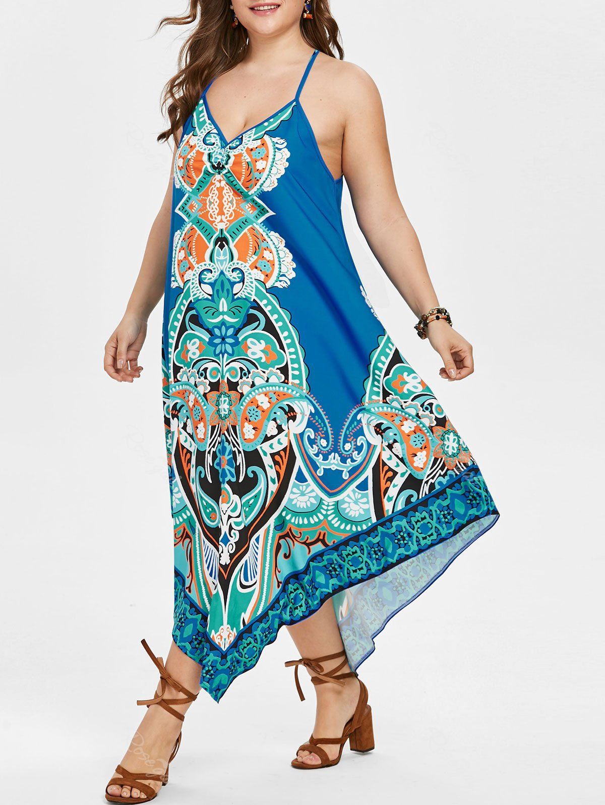 

Plus Size Flower Print Plunging Dress, Ocean blue