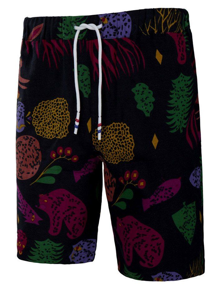 

Allover Forest Animal Print Drawstring Ethnic Bermuda Shorts, Black
