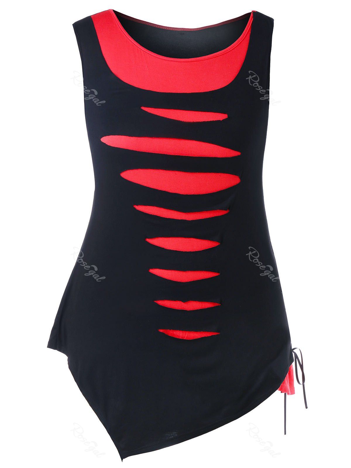 

Plus Size Shredding Lace Up Tank Top, Red with black