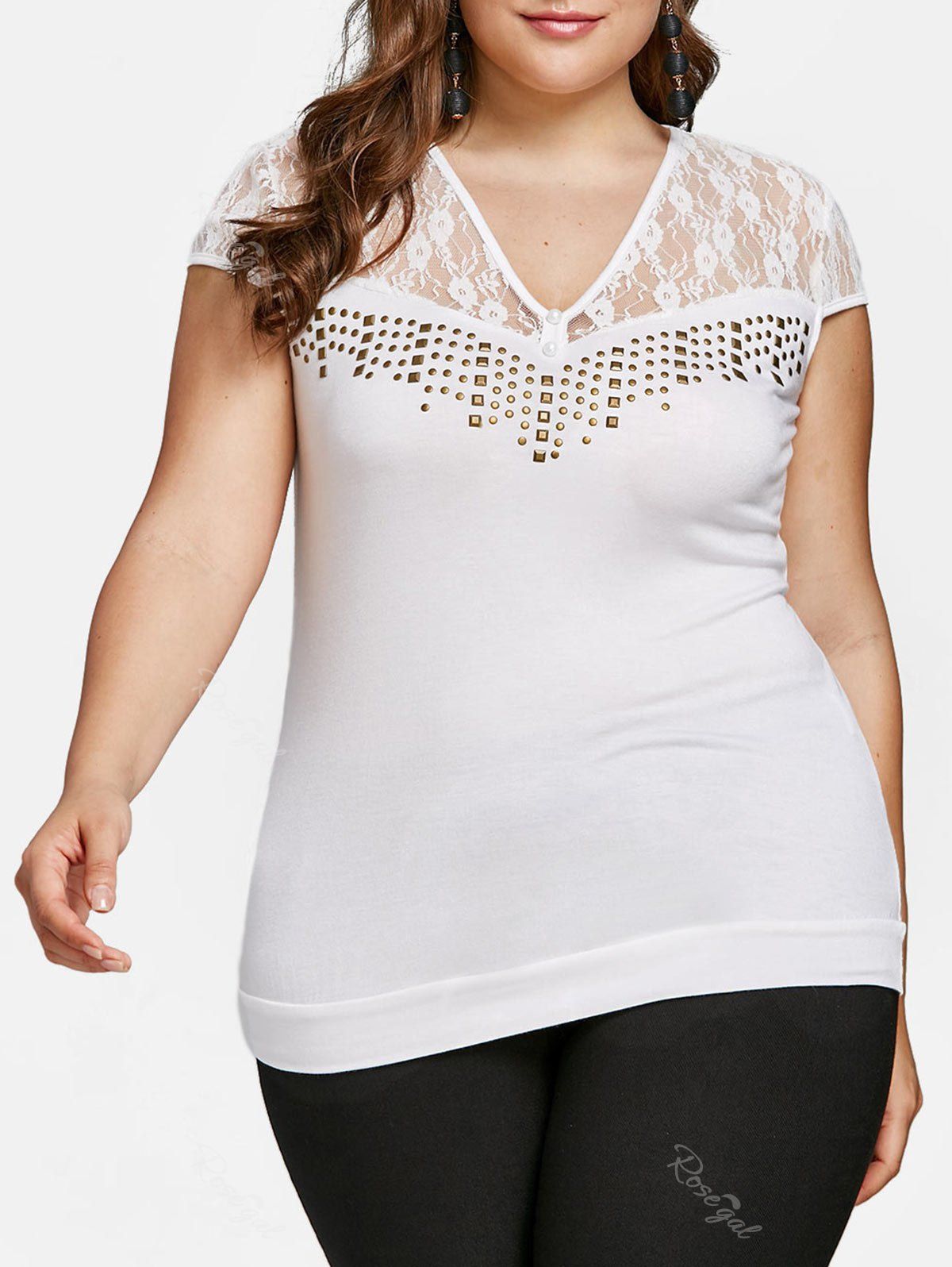 

Plus Size Lace Yoke Rivet Embellished T-shirt, White