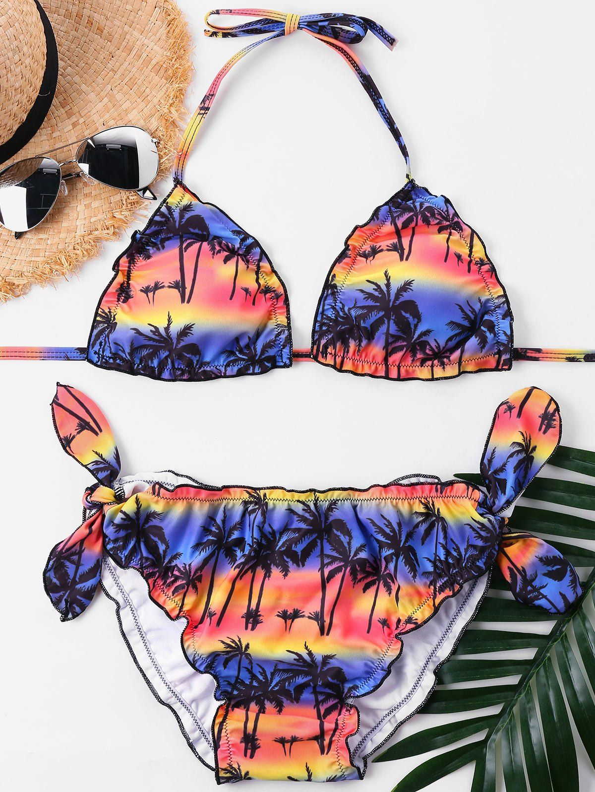 

Tie Side Palm Lettuce Bikini Set, Blue