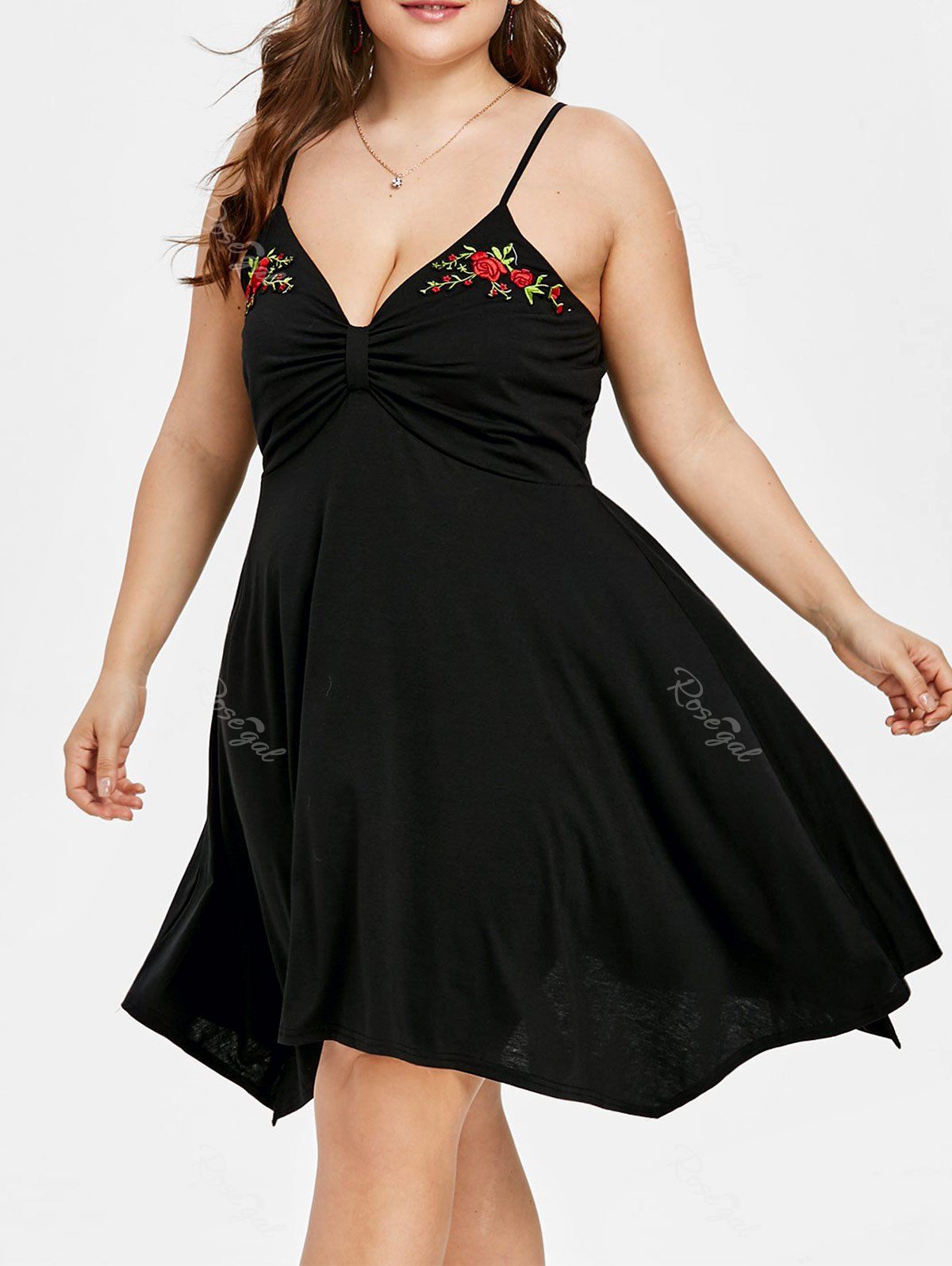 

Plus Size Asymmetric Embroidery Tunic Dress, Black
