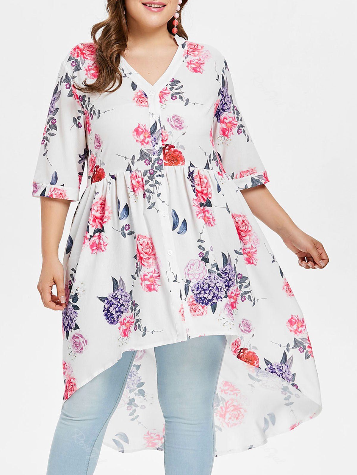 

Plus Size High Low Floral Blouse, White