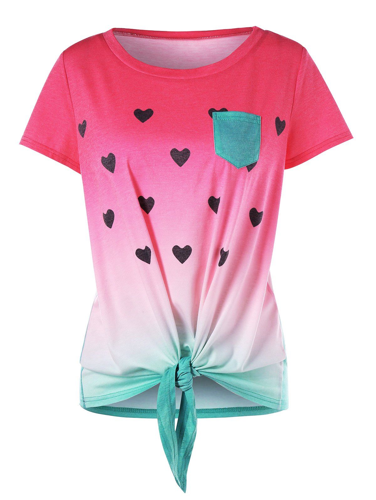 

Heart Print Front Knot Watermelon T-shirt, Multi