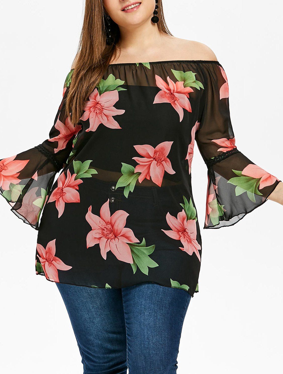 

Plus Size Floral Chiffon Blouse, Black