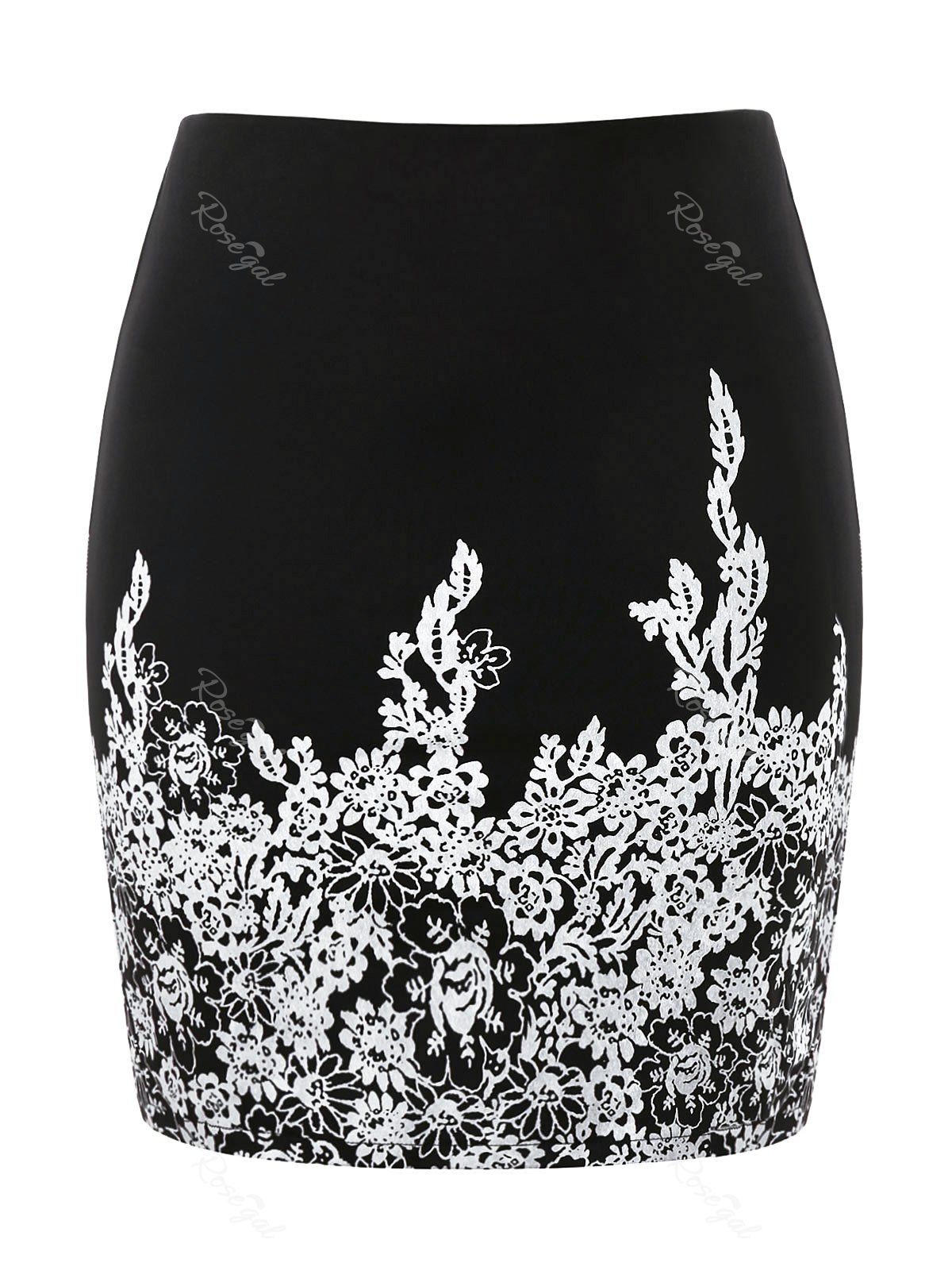 

Plus Size High Waist Floral Print Skirt, Black