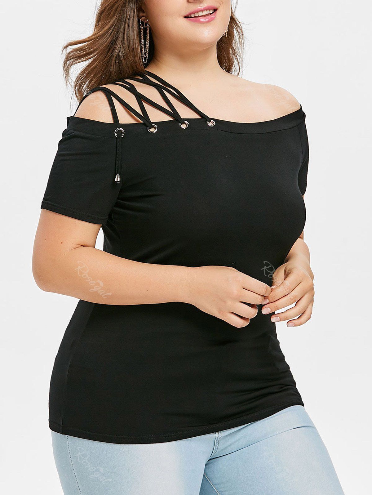 

Off Shoulder Lace Up Strappy Plus Size Tee, Black