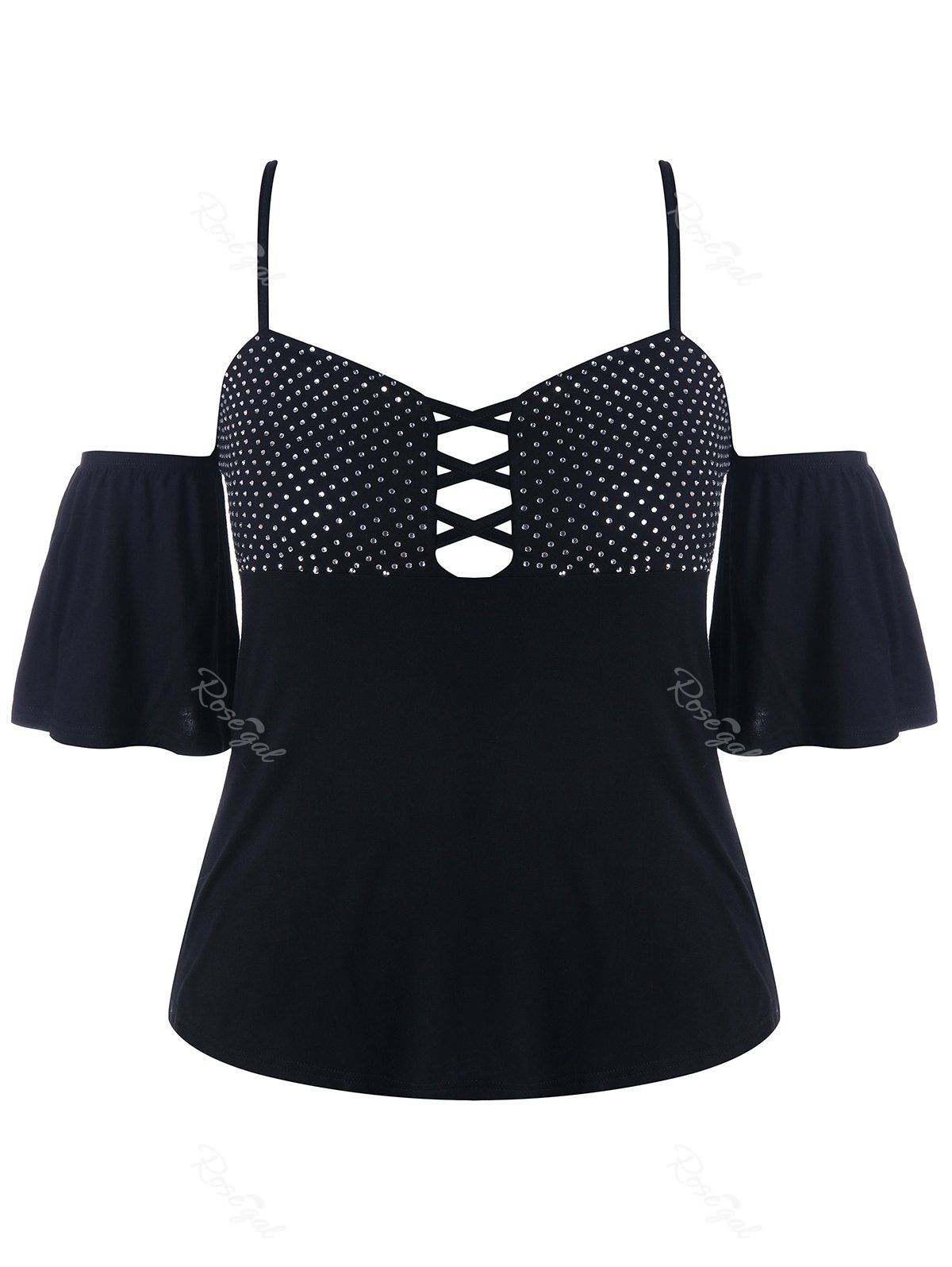 

Cold Shoulder Beading Criss Cross T-shirt, Black