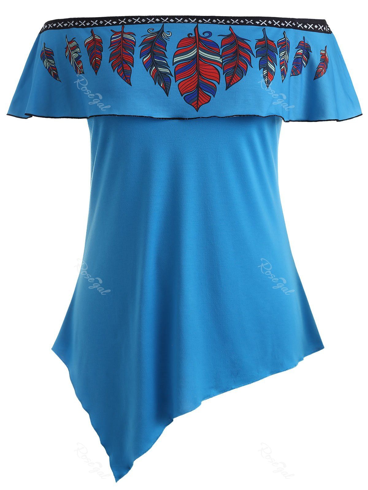 

Plus Size Feather Off Shoulder T-shirt, Deep sky blue