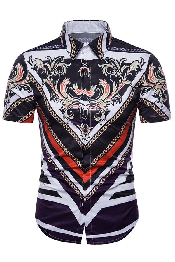 

Short Sleeve Geometric Floral Chain Print Shirt, Multi