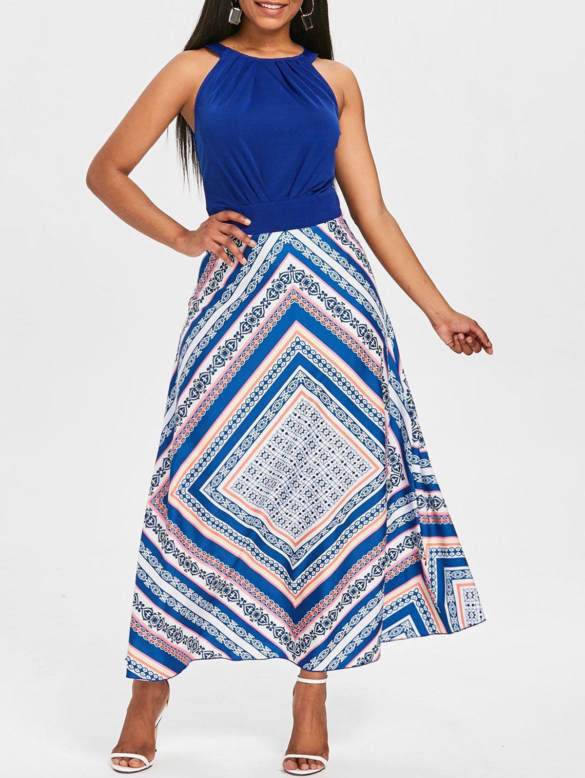 

Print Floor Length A Line Dress, Navy blue