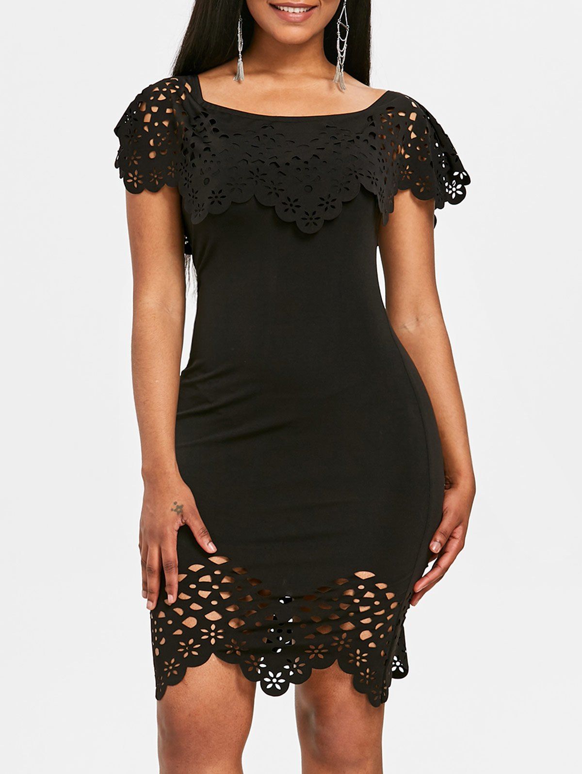 

Flounce Hollow Out Scalloped Dress, Black