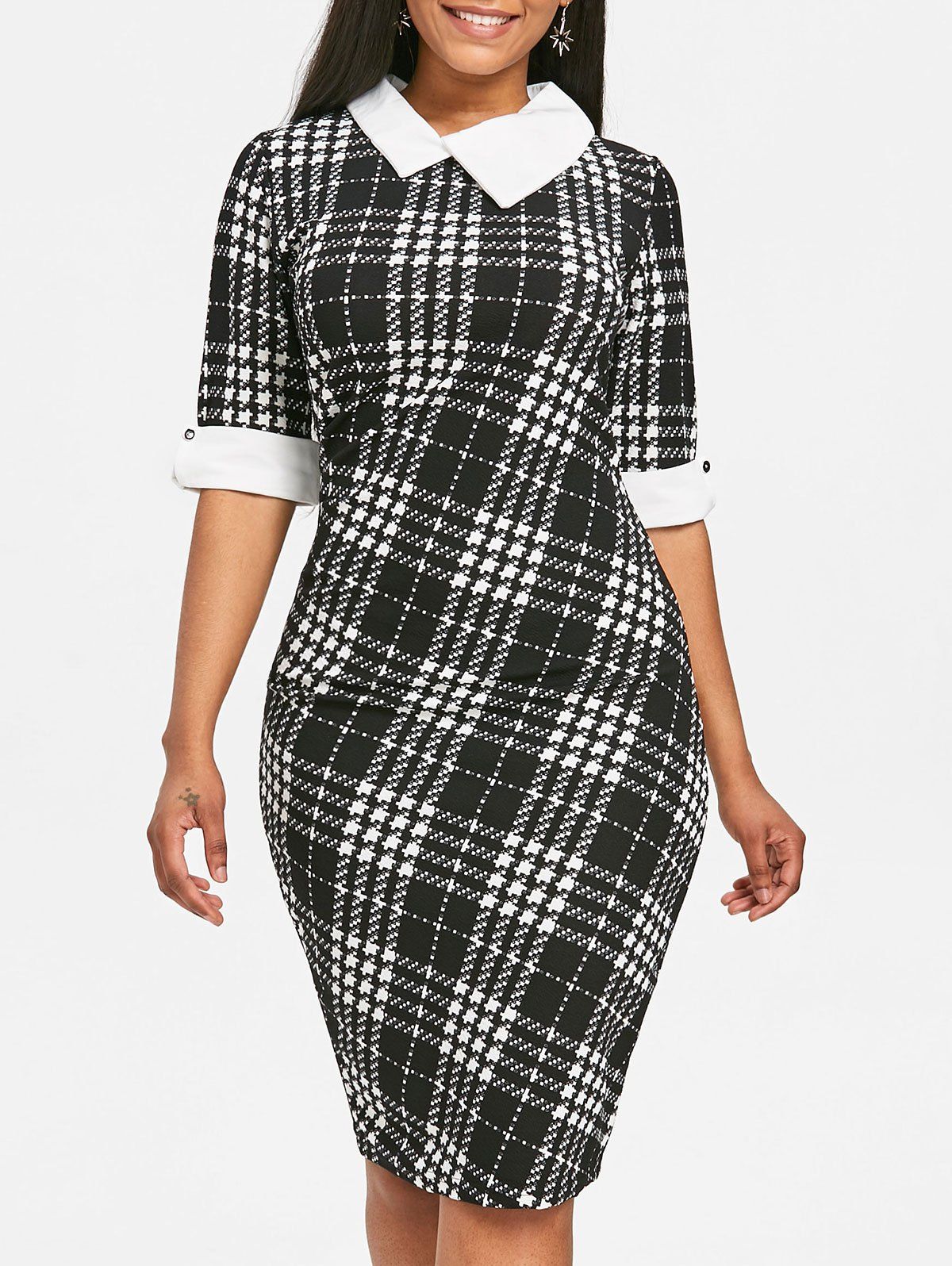 

Asymmetrical Neck Houndstooth Print Knee Length Dress, Black