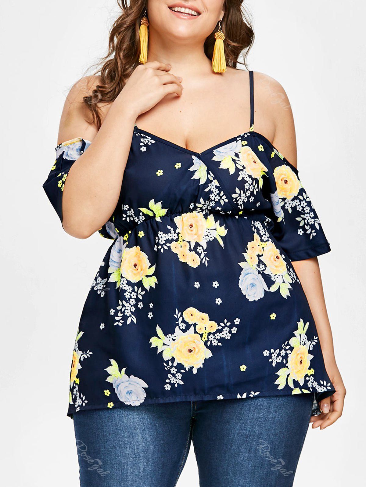 

Plus Size Cold Shoulder Floral Blouse, Blue