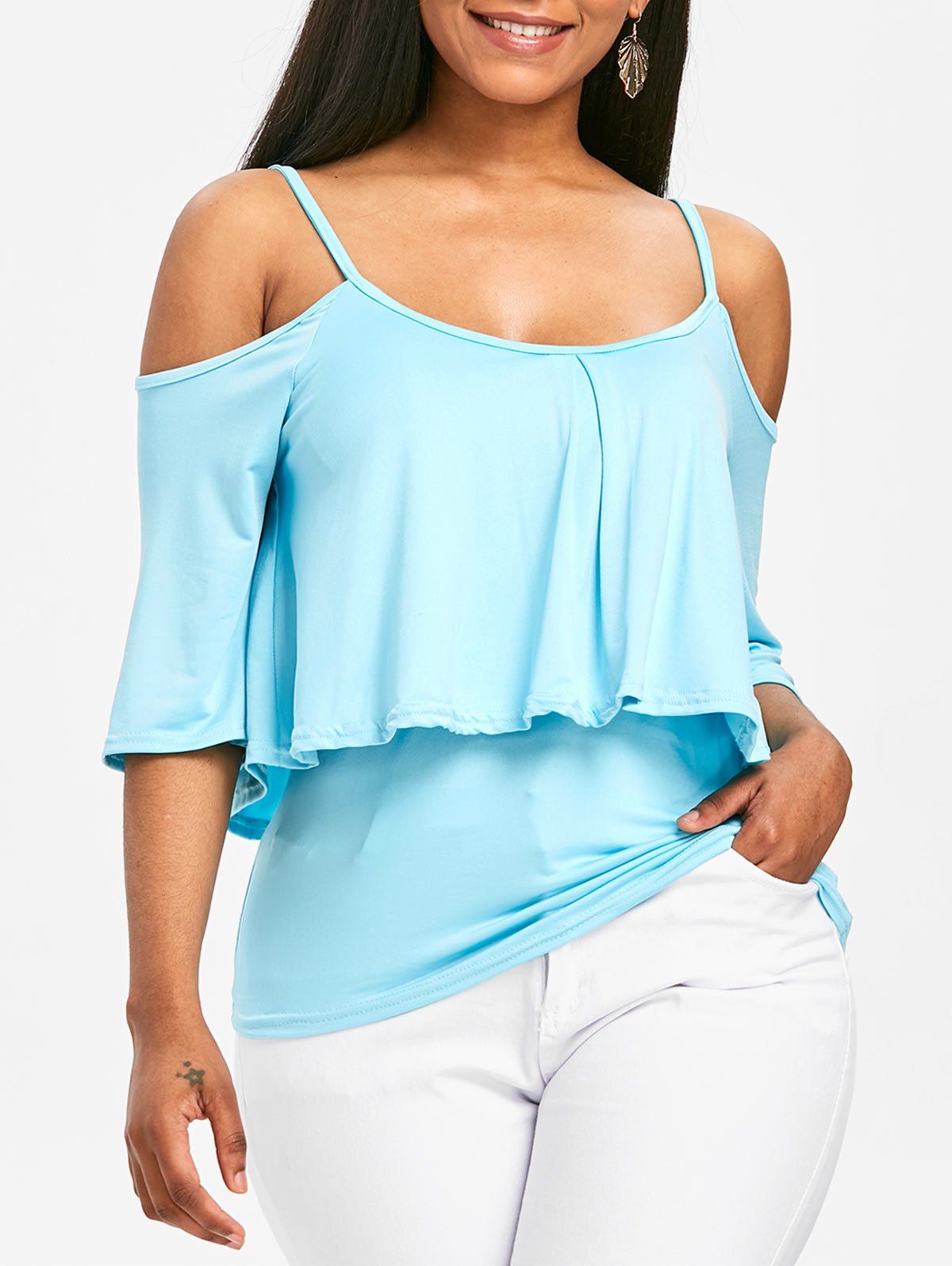 

Flounce Insert Open Shoulder T-shirt, Light sky blue