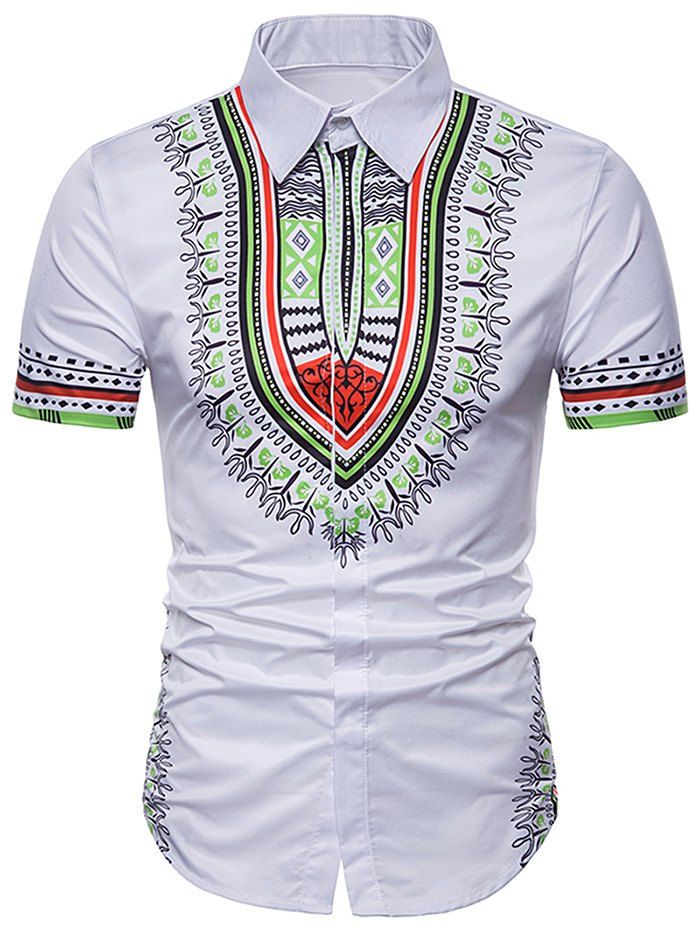 

African Dashiki Hidden Button Short Sleeve Shirt, White