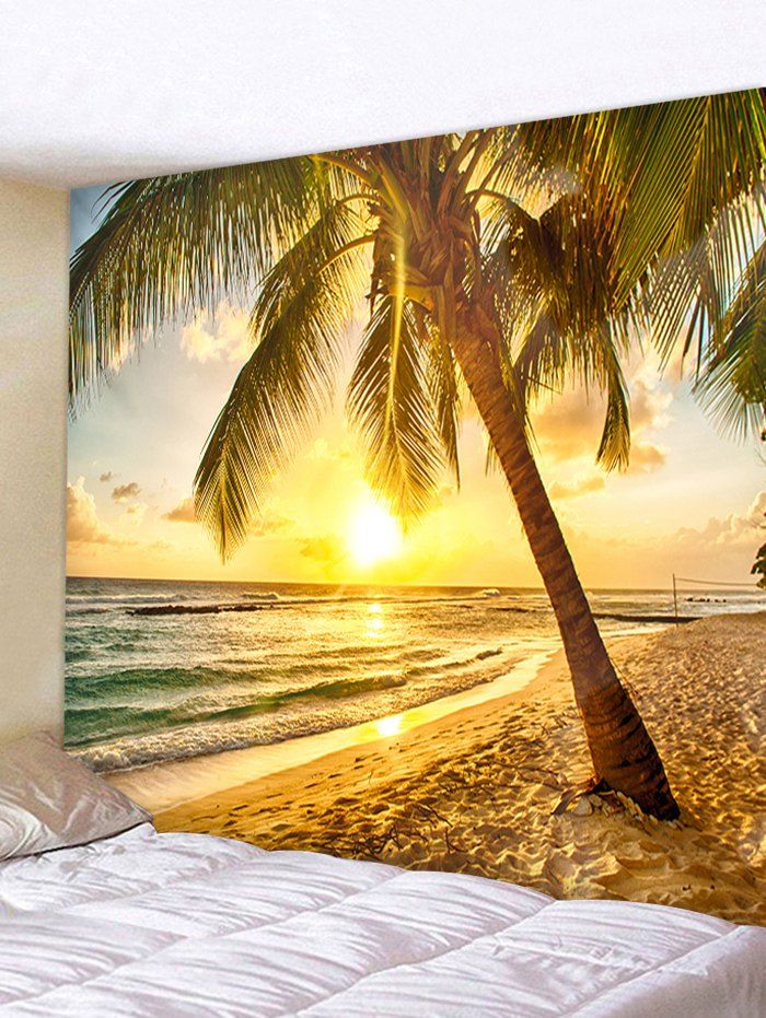 

Sunset Seaside Beach Coconut Tree Wall Hanging Tapestry, Gold