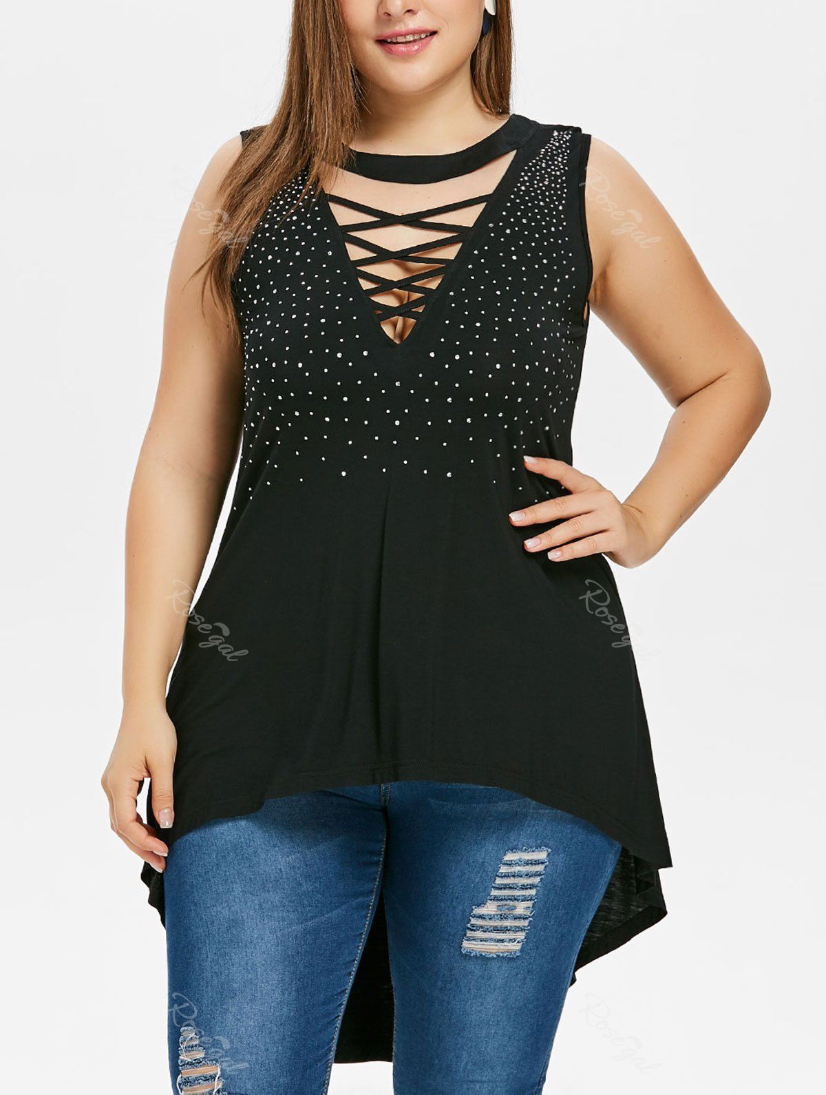 

Plus Size Lattice Front Glittery Dip Hem Tank Top, Black