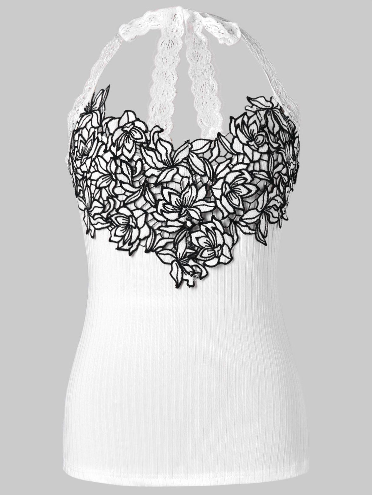 

Ribbed Lace Embroidered Sleeveless Halter Top, White
