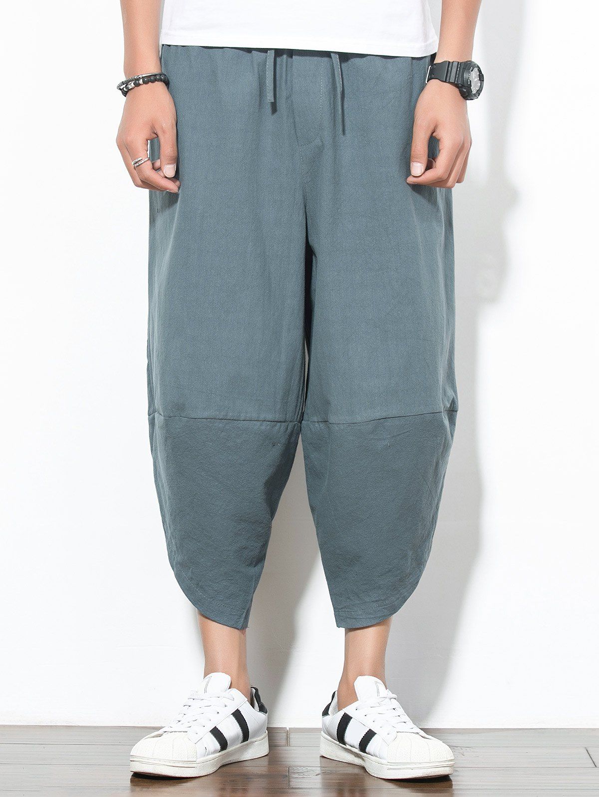 

Elastic Waist Pockets Decorated Nine Minutes of Jogger Pants, Marble blue