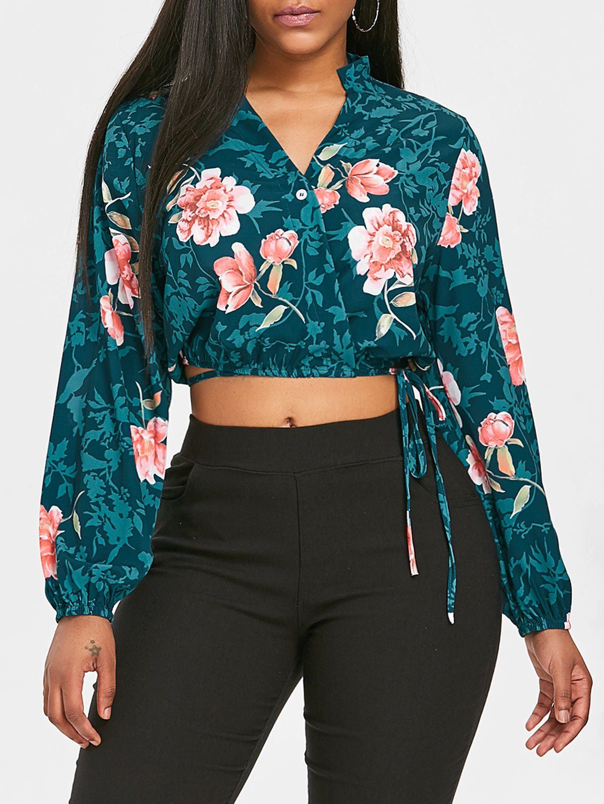 

Floral Crop Wrap Blouse, Beetle green