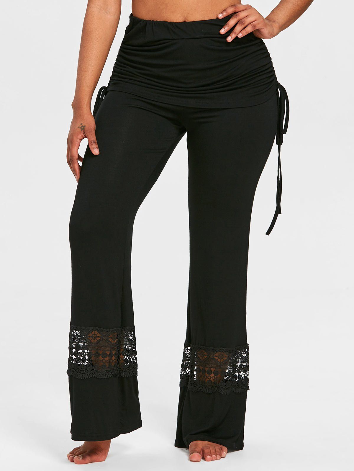 

Lace Insert Skirted Wide Leg Pants, Black