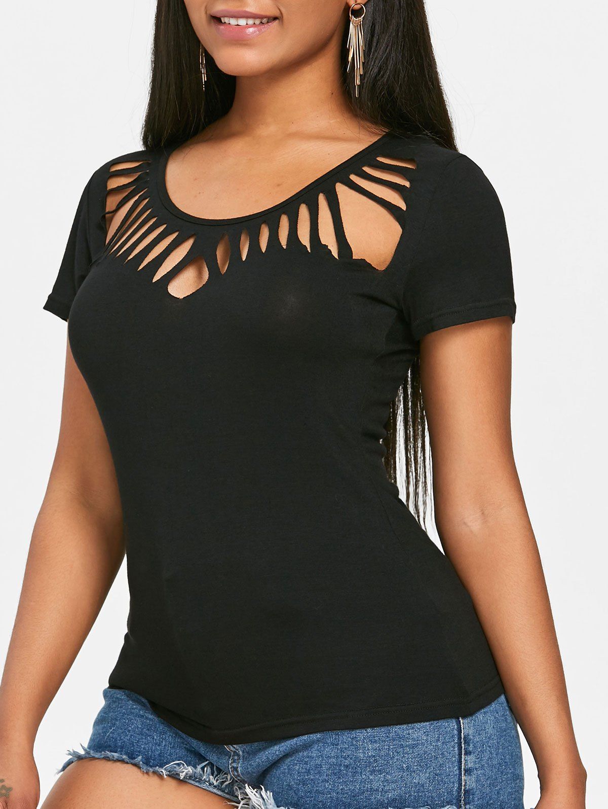 

Cutout Front Short Sleeve T-shirt, Black