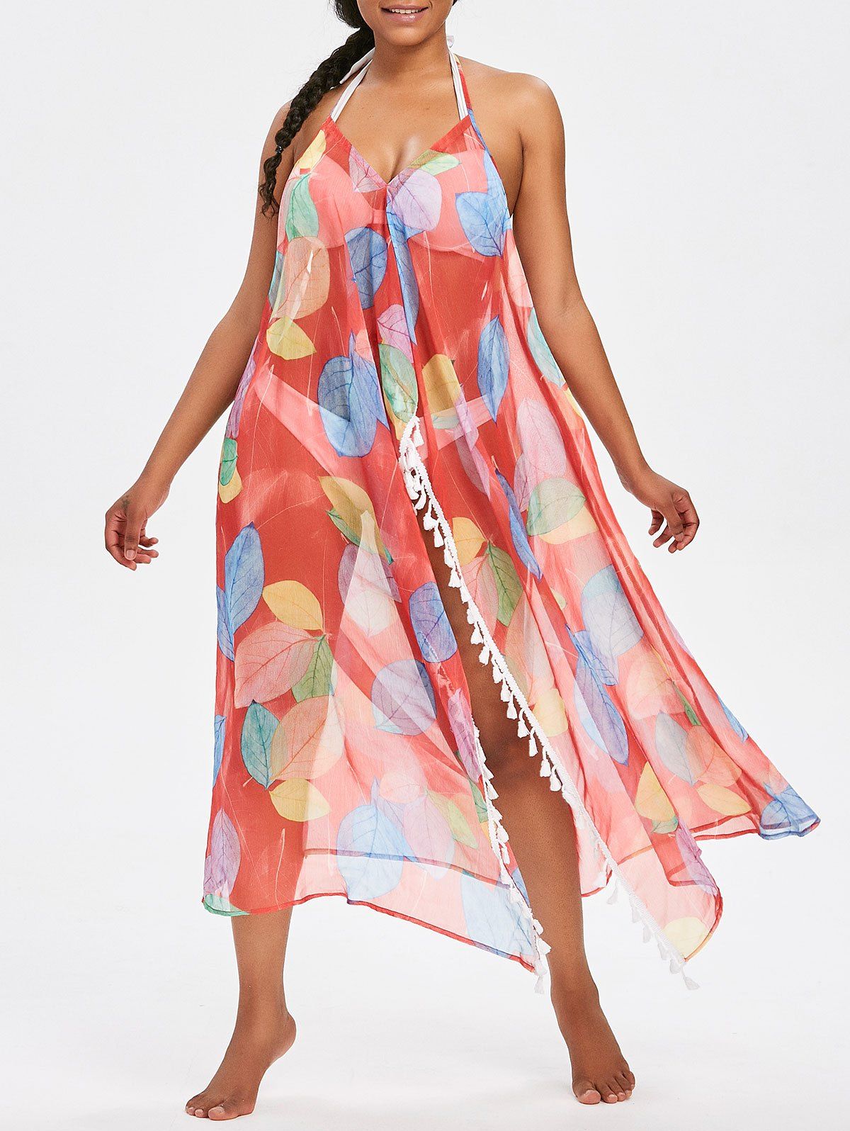 

See Thru High Split Cover Up Dress, Red
