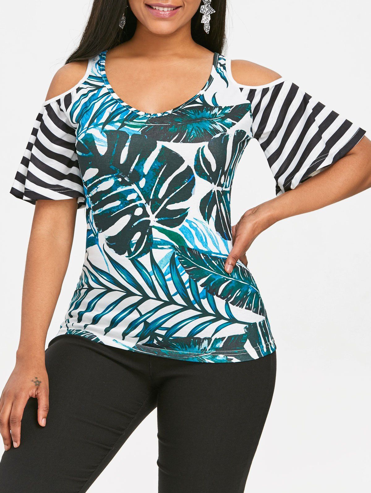 

Tropical Leaf Print Cold Shoulder T-shirt, Multi