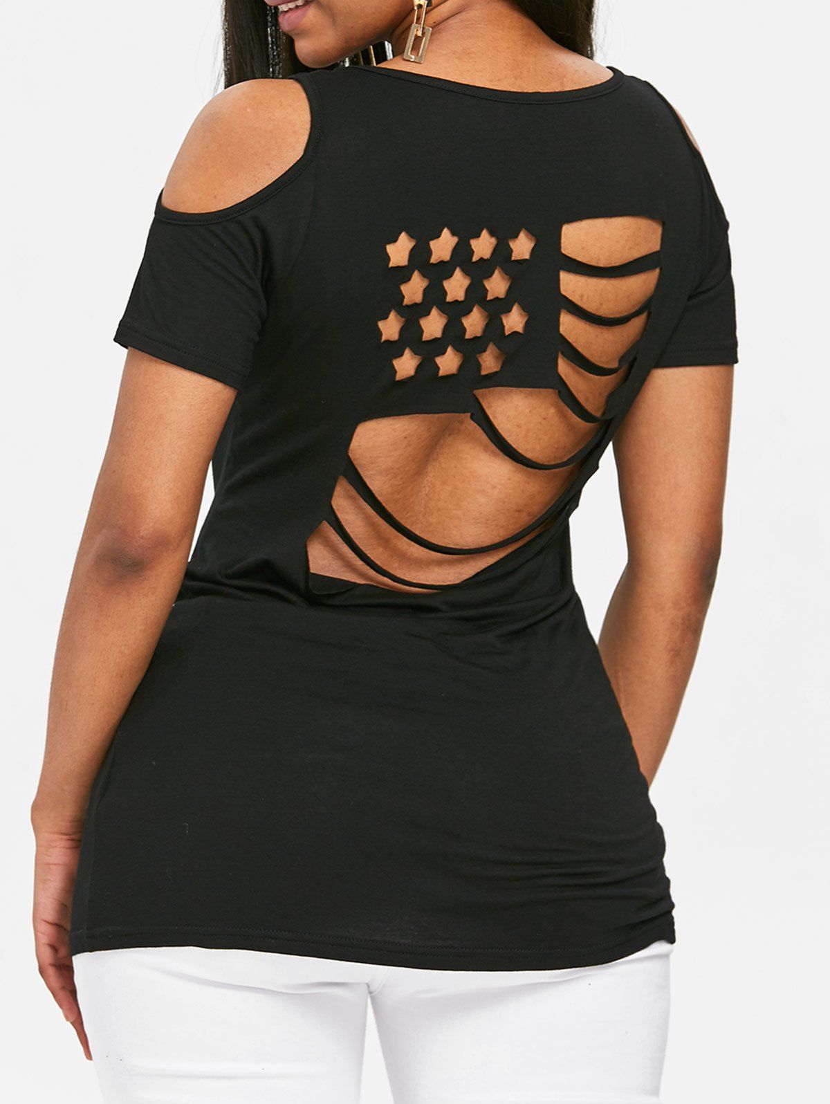 Cutout American Flag Back T-shirt, Black